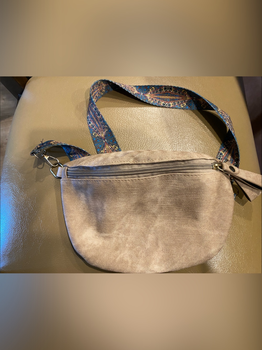 Neutral Taupe Canvas Crossbody with Patterned Adjustable Strap